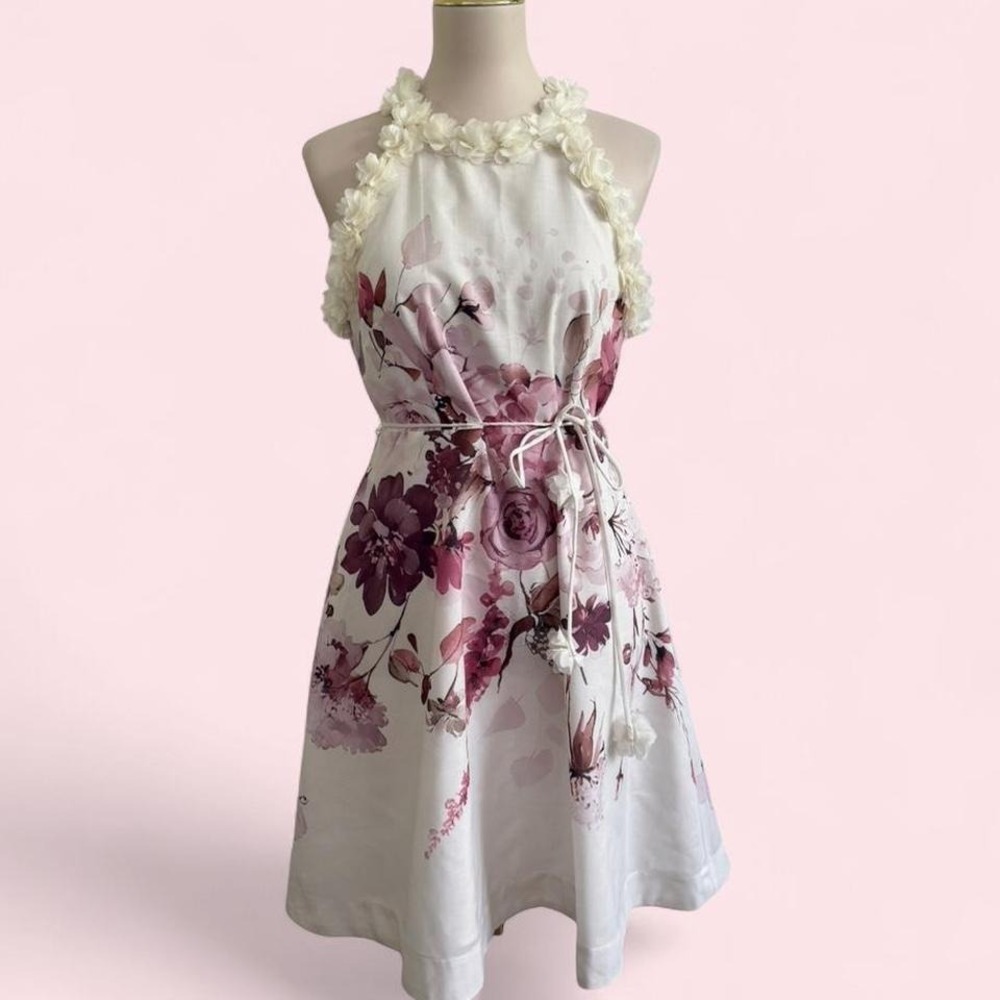 Anewsta White Floral Halter Dress with Rosette Neckline & Belt Size M